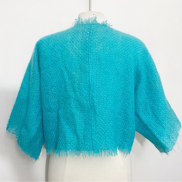 Hand Made Unique woven raw frayed edge shrug jacket shaped front Aqua L/XL - Picture 6 of 7